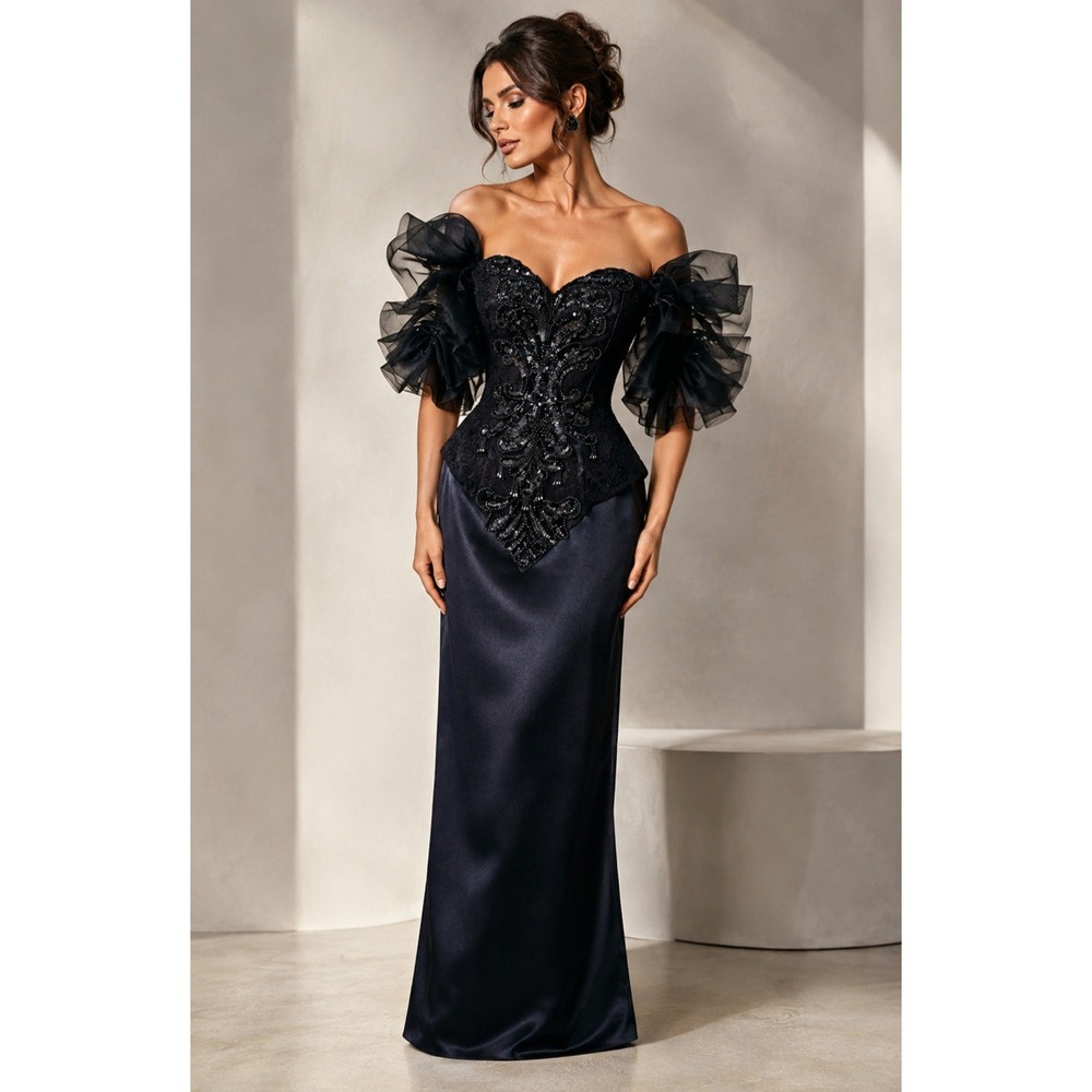 VTG 1990s Cache Black Sequin Beaded  Lace Ruffle Evening Gown Dress 8 USA Made